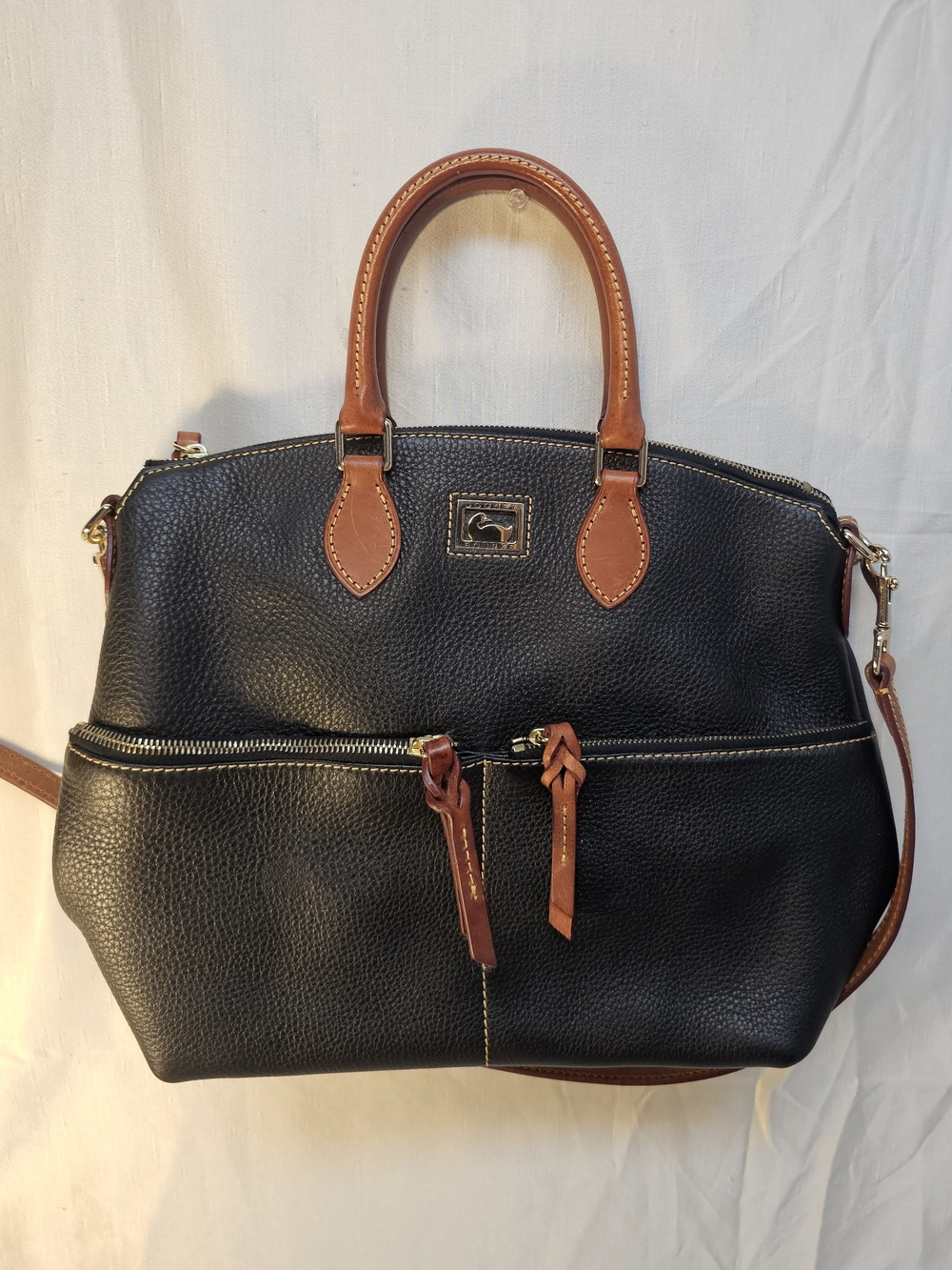 Dooney & Bourke Black Pebble Leather Satchel with Tan Trim